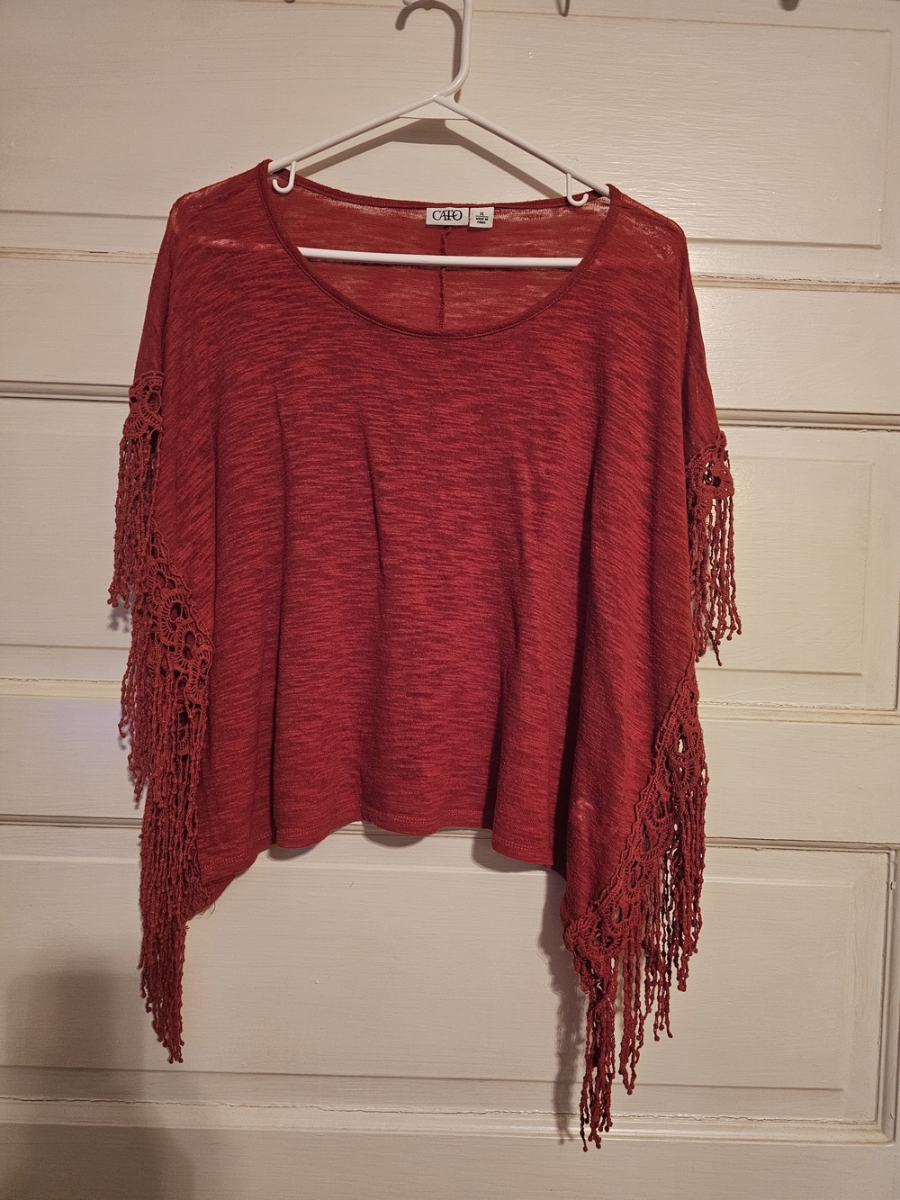 Cato Burnt Red Slub Knit Crochet Fringe Poncho Top Boho Cropped Length XL